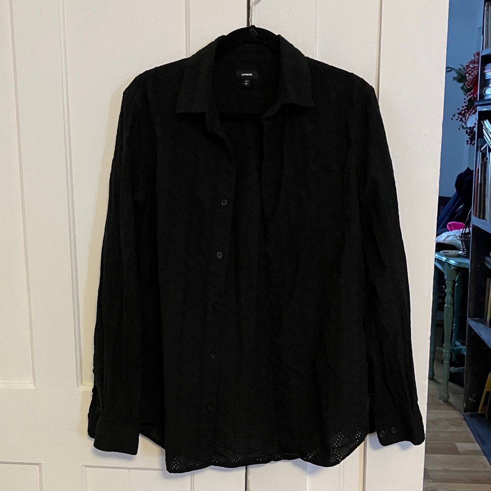 Express Men's Black Eyelet Button Down Shirt Tall Medium